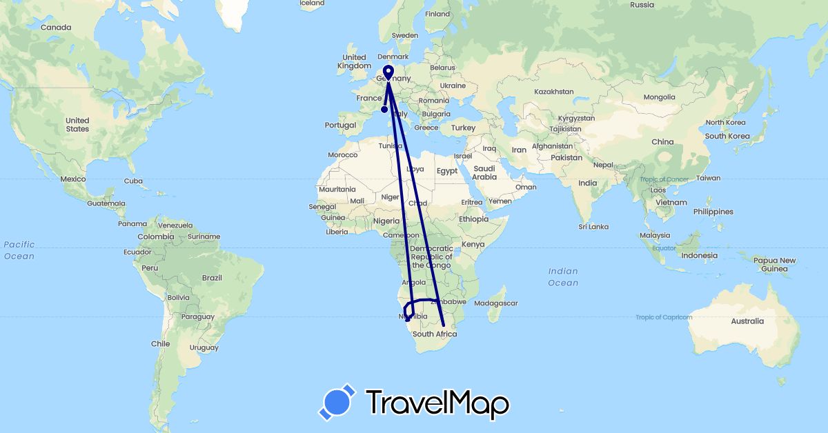 TravelMap itinerary: driving in Botswana, Germany, France, Namibia, South Africa, Zambia, Zimbabwe (Africa, Europe)